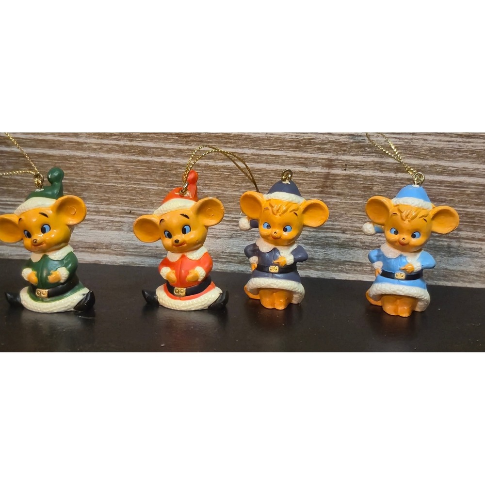 Vintage Christmas Mouse Ornaments 4 Colorful Santa Suits Mice Holiday Decor